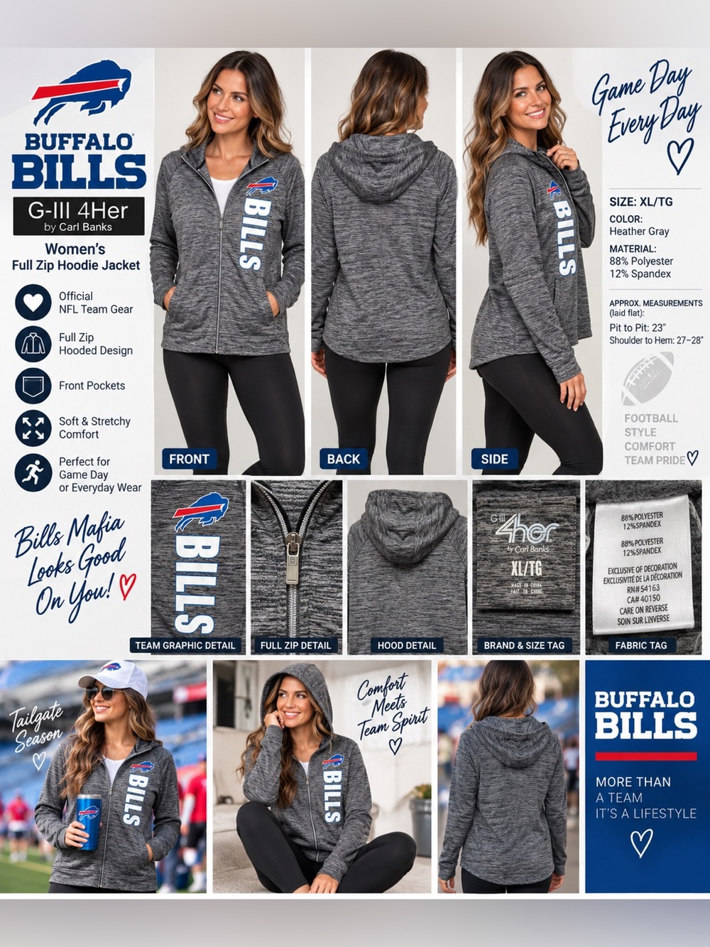 Buffalo Bills G-III 4Her Women’s XL Full Zip Hooded Jacket Gray NFL